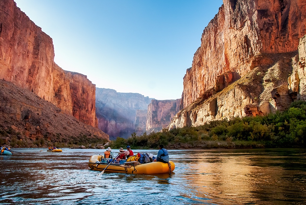 Rafting in a beautiful canyon.